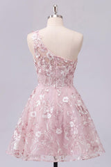Dressystars One Shoulder Floral Pink Short Corset Homecoming Dress