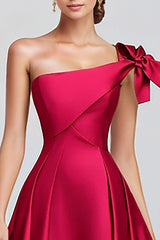 Dressystars One Shoulder Fuchsia Wedding Guest Dress A Line Satin Long Formal Dress Bow