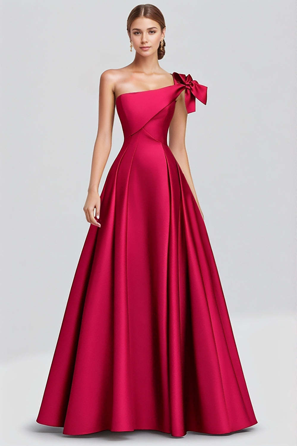 Dressystars One Shoulder Fuchsia Wedding Guest Dress A Line Satin Long Formal Dress Bow