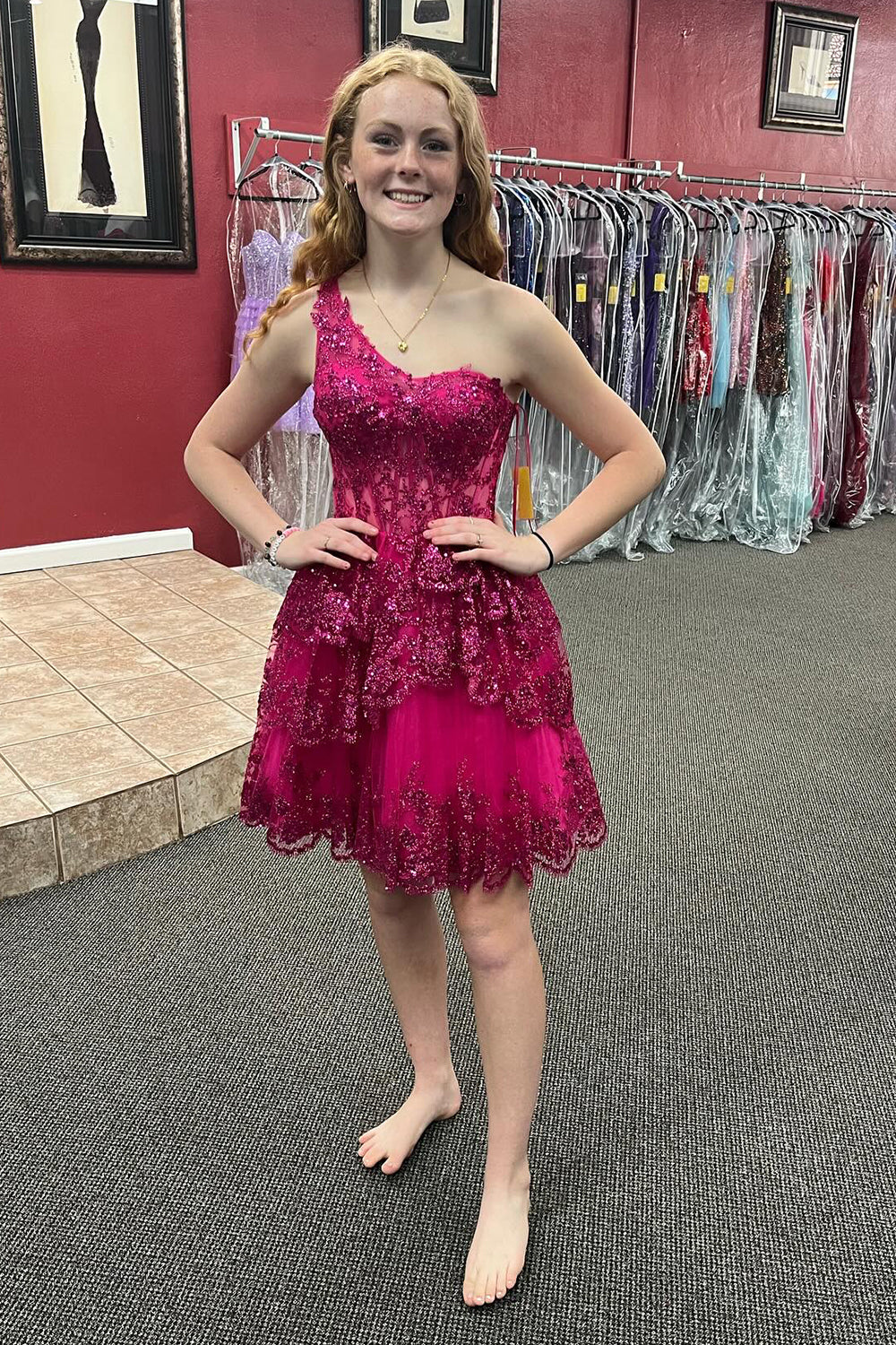 Dressystars One Shoulder Light Blue Homecoming Dress Corset Tiered Short Prom Dress