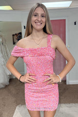 Dressystars One Shoulder Pink Homecoming Dress Sequin Tight Short Prom Dress