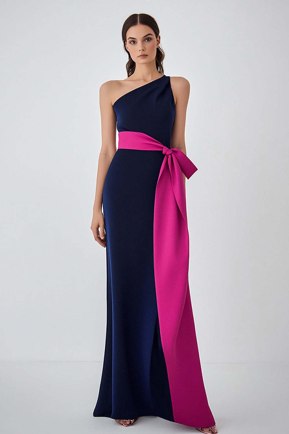 Dressystars One Shoulder Satin Navy Fuchsia Wedding Guest Dress Long Formal Dress