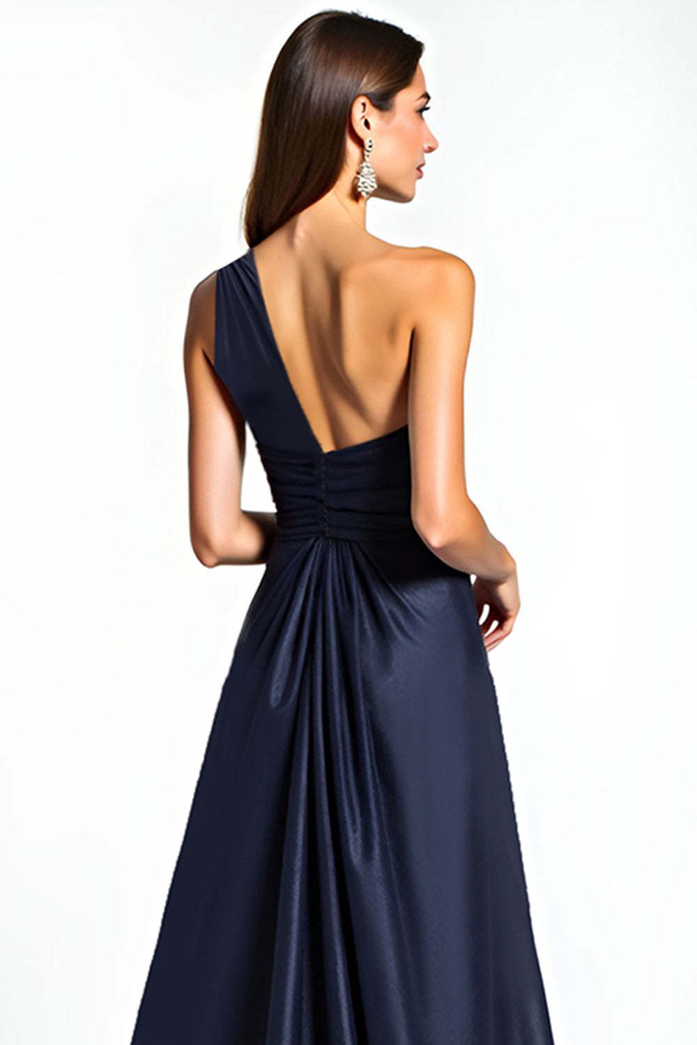 Dressystars One Shoulder Satin Navy Wedding Guest Dress Long Formal Dress