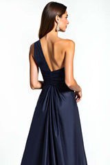 Dressystars One Shoulder Satin Navy Wedding Guest Dress Long Formal Dress
