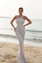 Dressystars One Shoulder Satin Prom Dress Beaded Mermaid Formal Dress