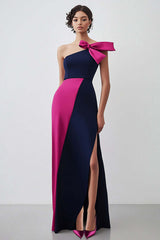 Dressystars One Shoulder Sheath Navy Fuchsia Wedding Guest Dress Long Formal Dress With Slit