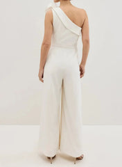 Dressystars One Shoulder Sleeveless Floor Length Elastic Satin Wedding Jumpsuit with Flowers