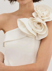 Dressystars One Shoulder Sleeveless Floor Length Elastic Satin Wedding Jumpsuit with Flowers