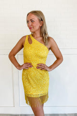 Dressystars One Shoulder Yellow Homecoming Dress Sequin Tight Short Prom Dress With Fringes