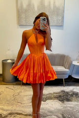 Dressystars Orange A Line Homecoming Dresses Halter Ruffled Short Corset Cocktail Dresses
