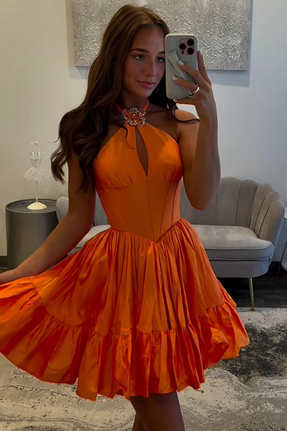 Dressystars Orange A Line Homecoming Dresses Halter Ruffled Short Corset Cocktail Dresses
