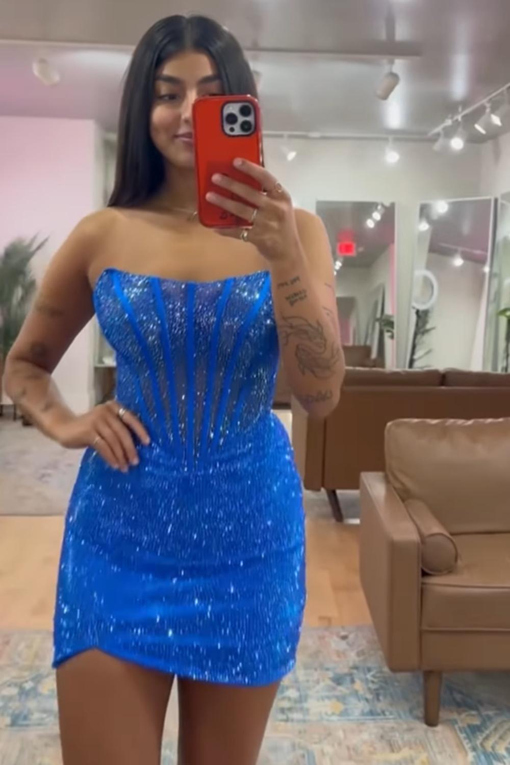 Dressystars Orange Corset Tight Homecoming Dresses Beaded Strapless Short Cocktail Dresses