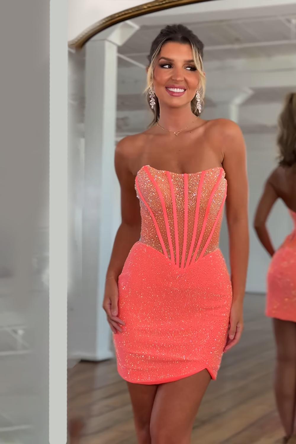 Dressystars Orange Corset Tight Homecoming Dresses Beaded Strapless Short Cocktail Dresses