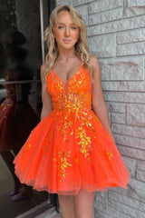 Dressystars Orange Homecoming Dress A-Line Spaghetti Straps Short Prom Dress with Sequin