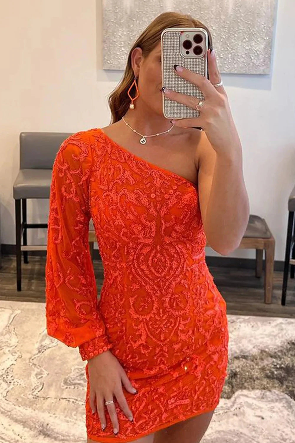 Dressystars Orange Homecoming Dress Beaded Sequin One Shoulder Tight Prom Dress