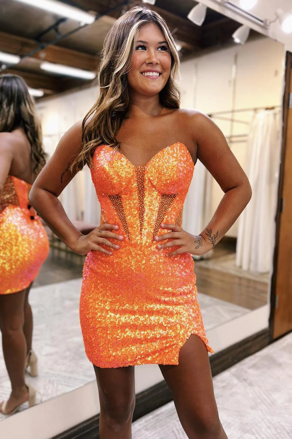 Dressystars Orange Homecoming Dress Corset Sweetheart Tight Short Prom Dress with Slit