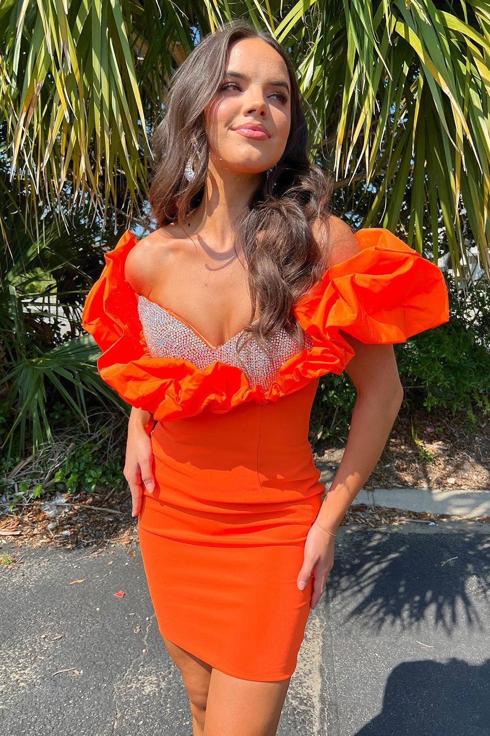 Dressystars Orange Homecoming Dress Off The Shoulder Bodycon Beaded Prom Dress