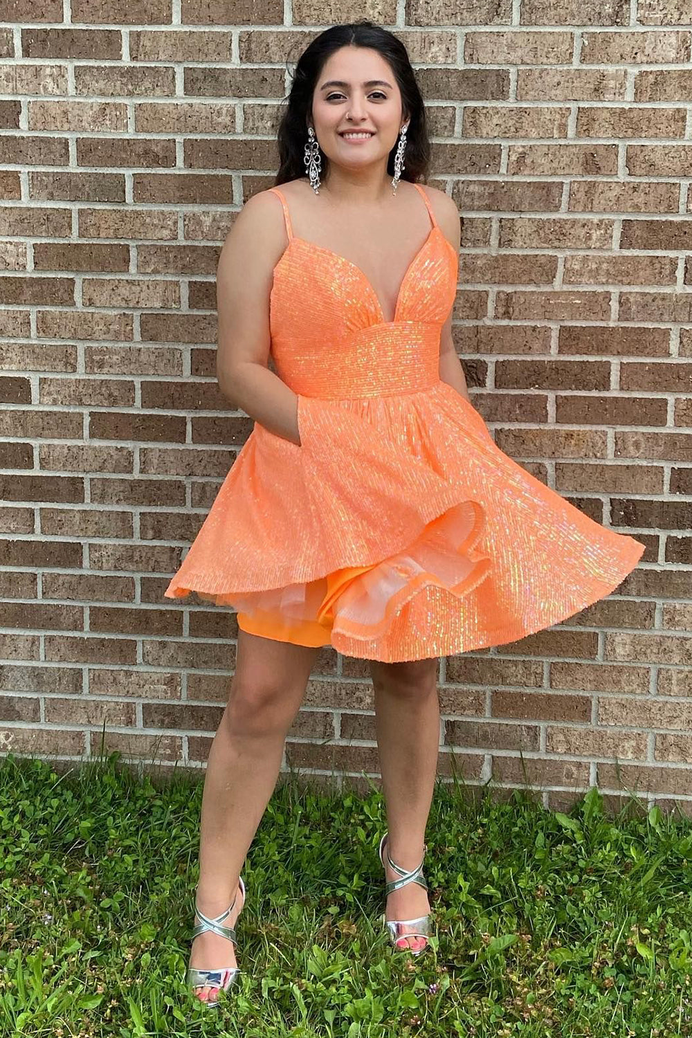Dressystars Orange Homecoming Dress Sequin A-Line Short Prom Dress with Pockets