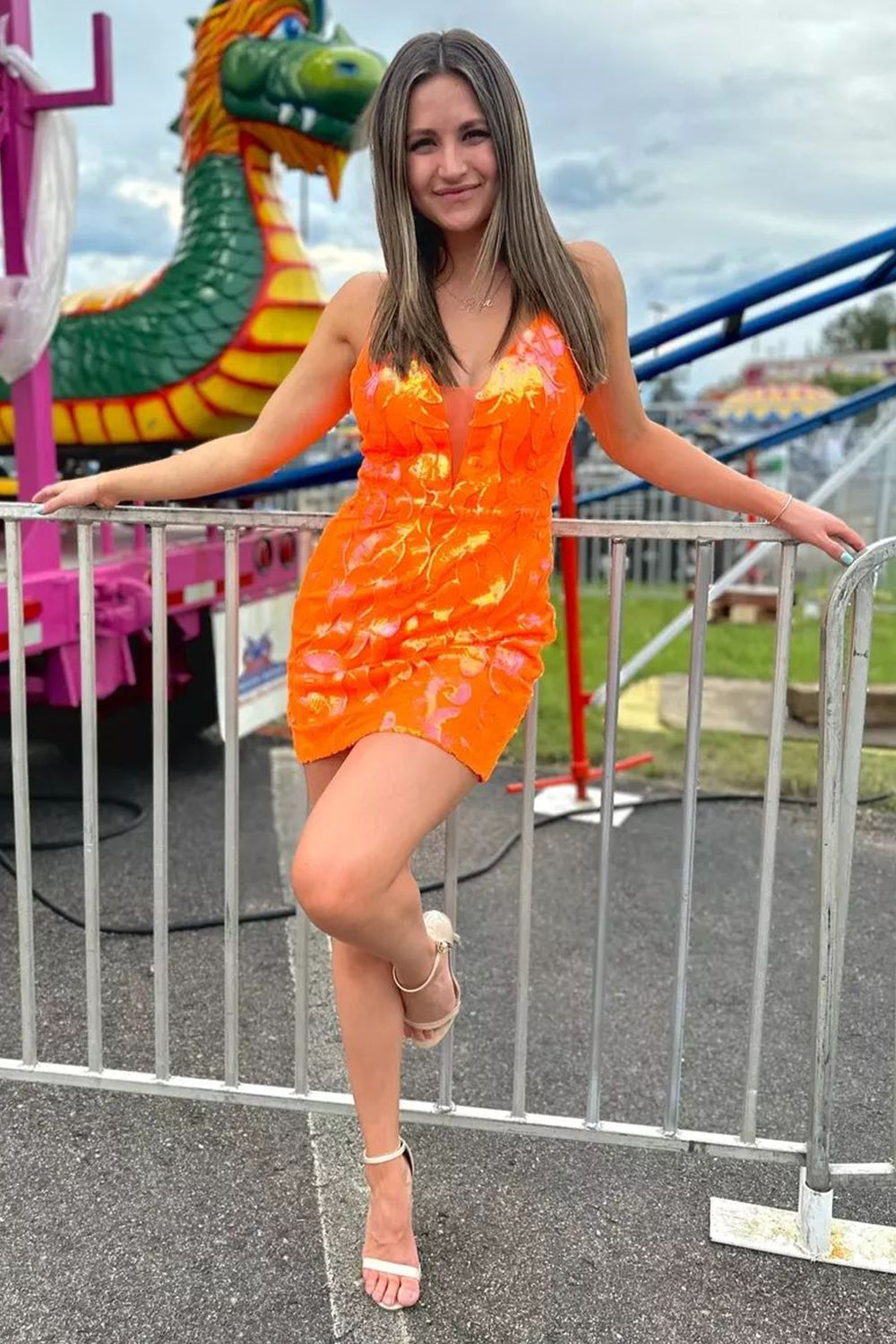 Dressystars Orange Homecoming Dress Sequin Lace-Up Back Tight Short Prom Dress