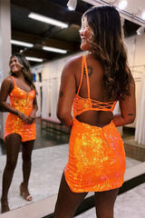 Dressystars Orange Homecoming Dress Sequin Tight Short Prom Dress
