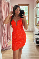 Dressystars Orange Homecoming Dress Sequin Tight Short Prom Dress with Feathers