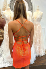 Dressystars Orange Homecoming Dress Sequined Tight Short Prom Dress with Slit