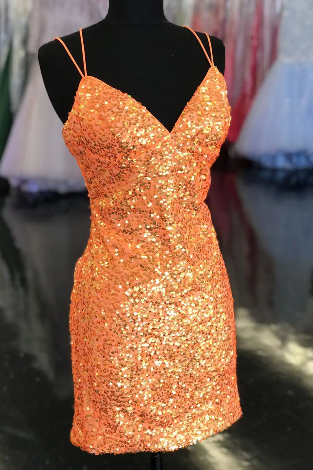 Dressystars Orange Homecoming Dress Sequined Tight Short Prom Dress