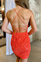 Dressystars Orange Homecoming Dress Spaghetti Straps Tight Sequin Prom Dress