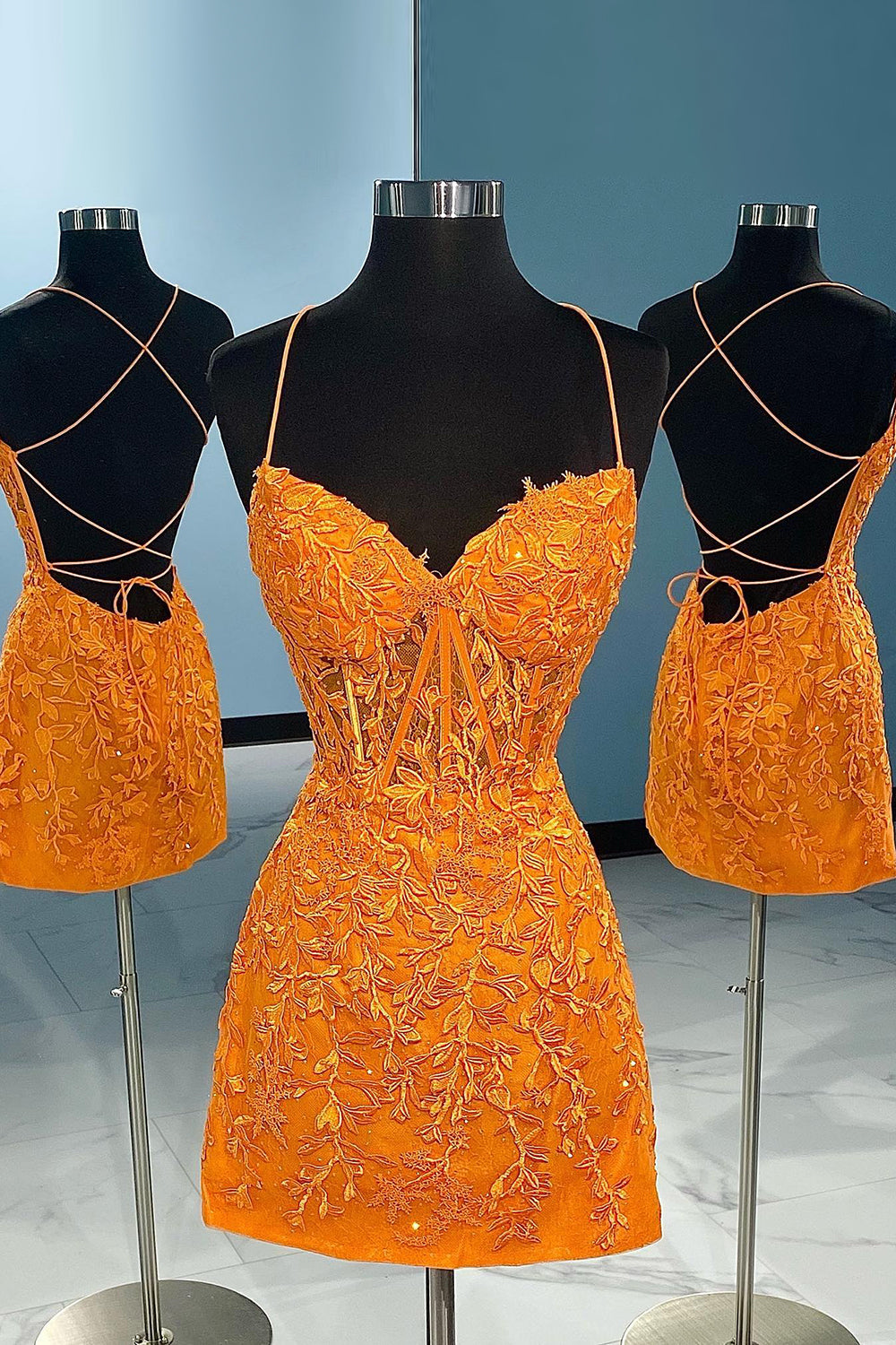 Dressystars Orange Homecoming Dress Spaghetti Straps Tight Short Prom Dress with Appliques