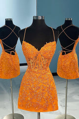 Dressystars Orange Homecoming Dress Spaghetti Straps Tight Short Prom Dress with Appliques