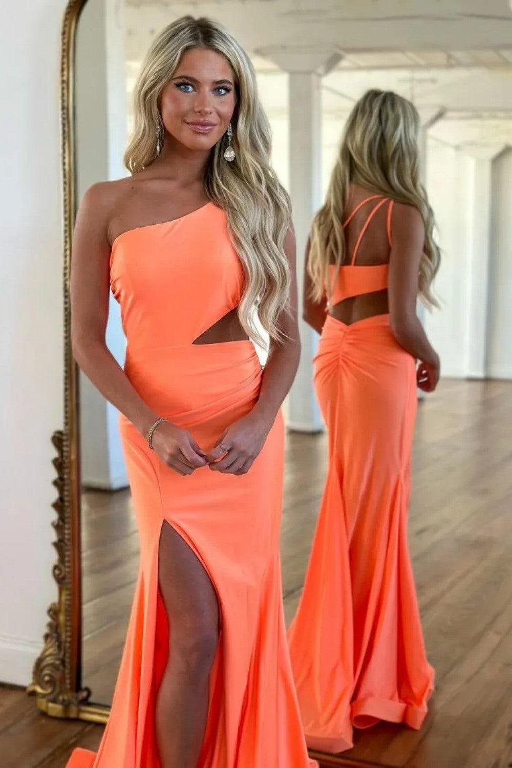 Dressystars Orange One Shoulder Satin Mermaid Prom Dress With Cutout Waist And Slit Formal Evening Gown