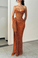 Dressystars Orange Strapless Sequin Prom Dress With Corset And Slit Formal Evening Gown