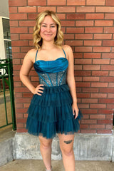Dressystars Peacock Blue Homecoming Dress Corset Ruffled Short Prom Dress