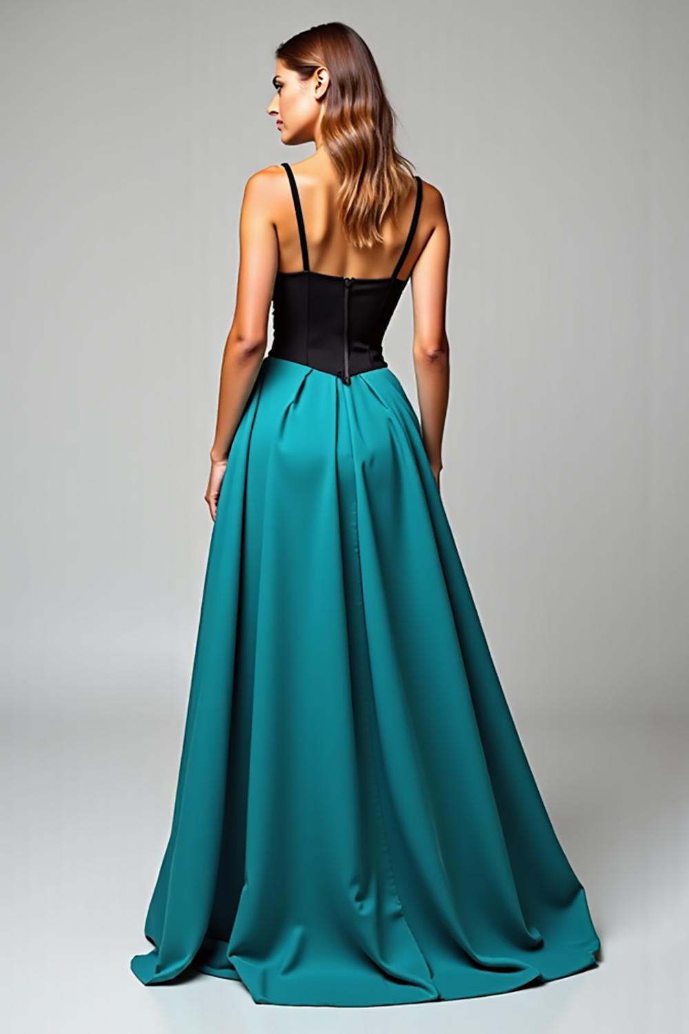 Dressystars Peacock Blue Wedding Guest Dress A Line Black Wedding Guest Dress Satin Long Formal Dress