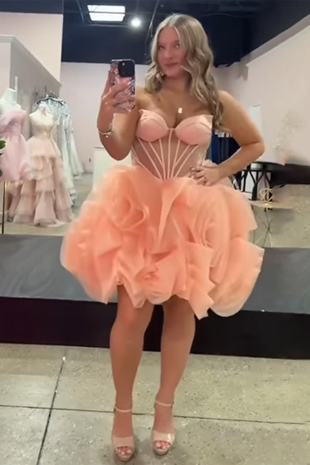 Dressystars Pink A Line Homecoming Dresses Floral Corset Strapless Short Cocktail Dresses