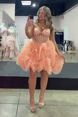 Dressystars Pink A Line Homecoming Dresses Floral Corset Strapless Short Cocktail Dresses