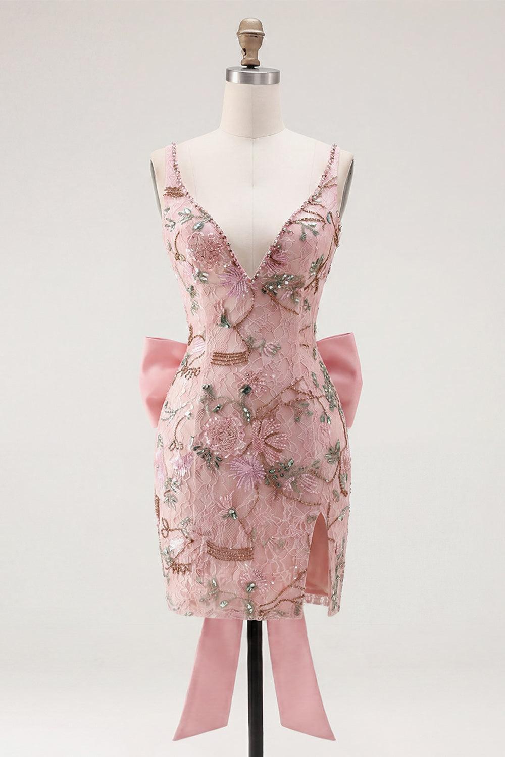 Dressystars Pink Beaded Floral Short Homecoming Dress | V-Neck Bodycon with Bow