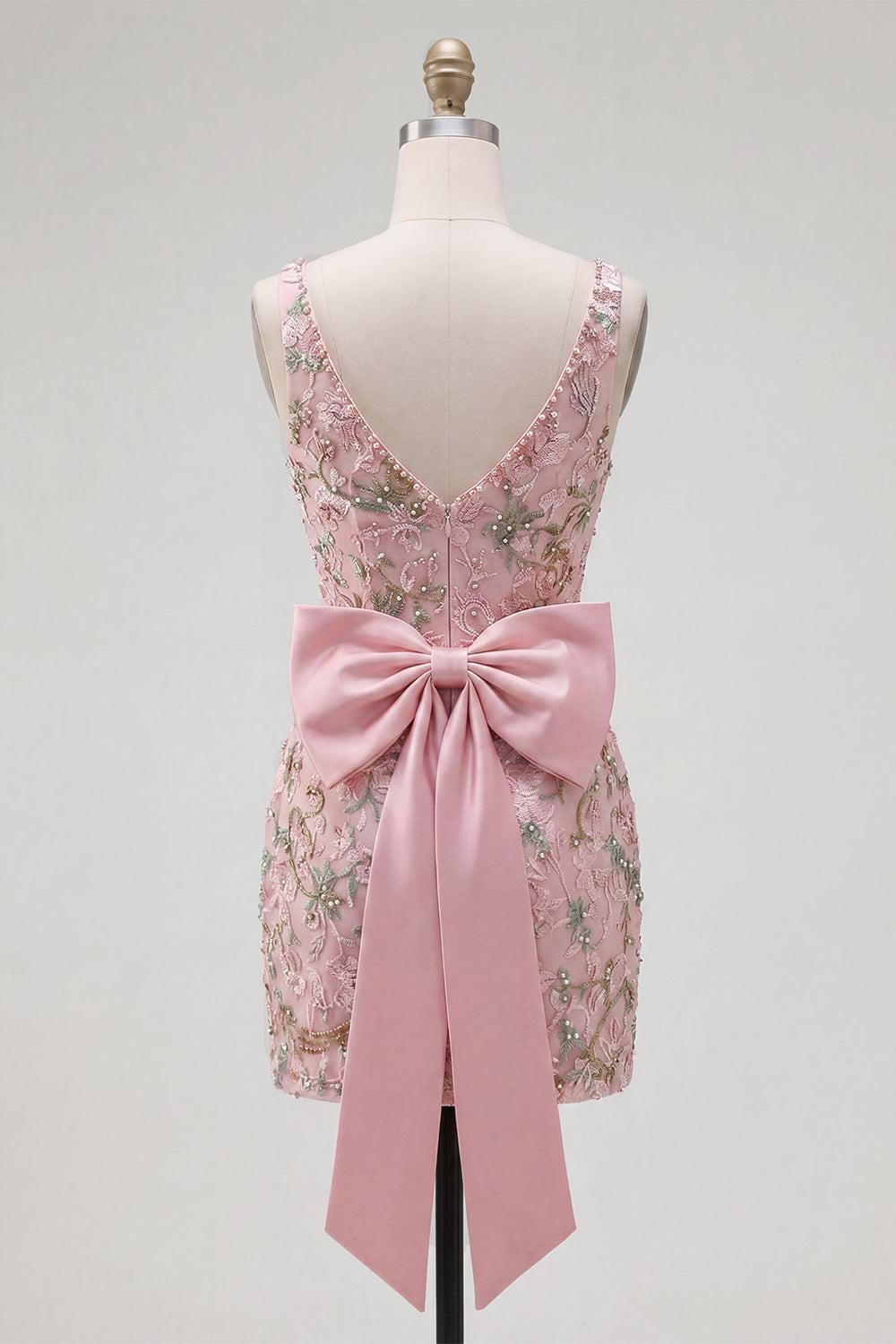 Dressystars Pink Beaded Floral Short Homecoming Dress | V-Neck Bodycon with Bow