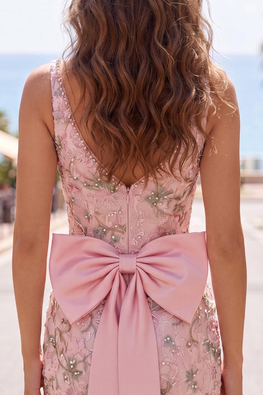 Dressystars Pink Beaded Floral Short Homecoming Dress | V-Neck Bodycon with Bow