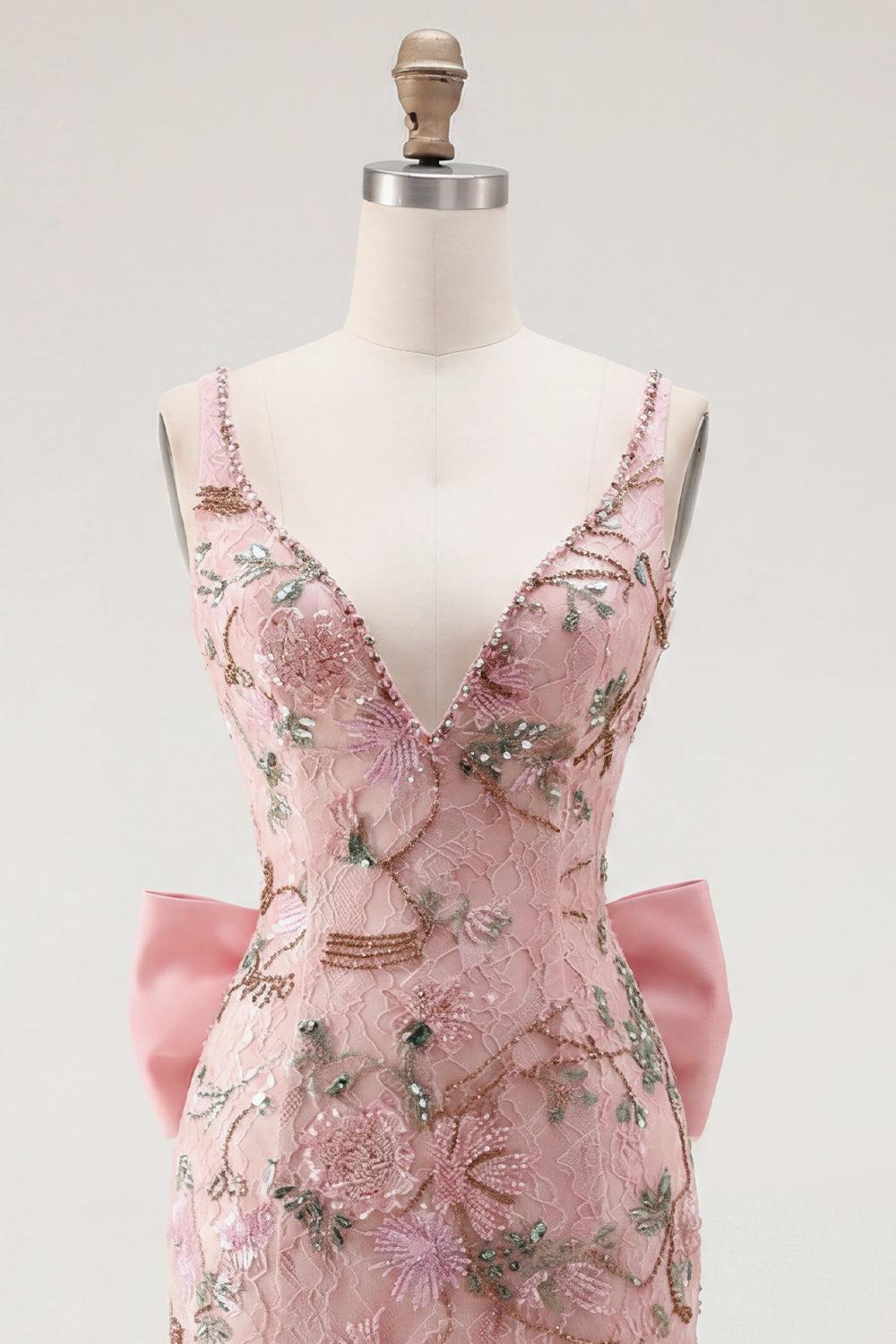 Dressystars Pink Beaded Floral Short Homecoming Dress | V-Neck Bodycon with Bow