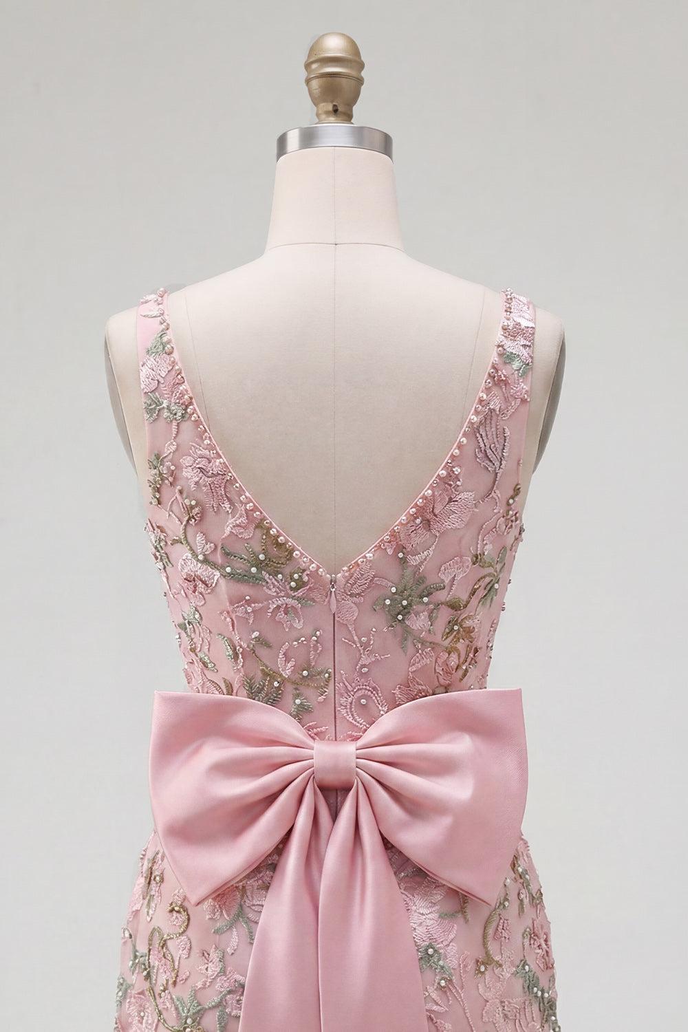 Dressystars Pink Beaded Floral Short Homecoming Dress | V-Neck Bodycon with Bow