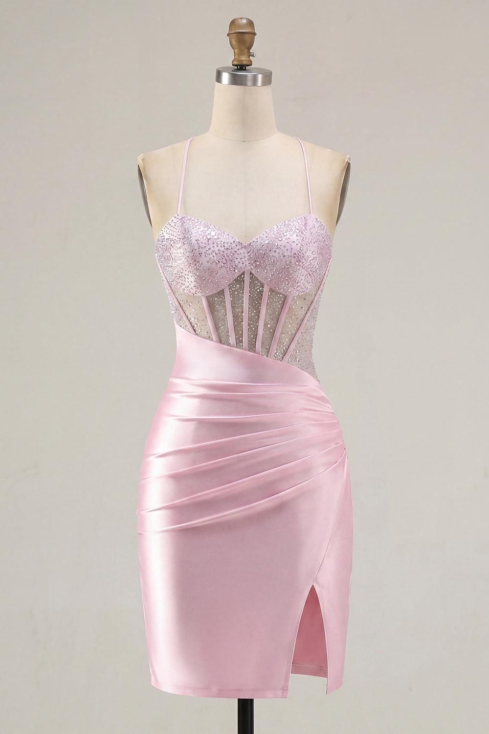 Dressystars Pink Beaded Ruched Corset Tight Short Homecoming Dress with Slit