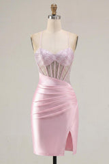 Dressystars Pink Beaded Ruched Corset Tight Short Homecoming Dress with Slit