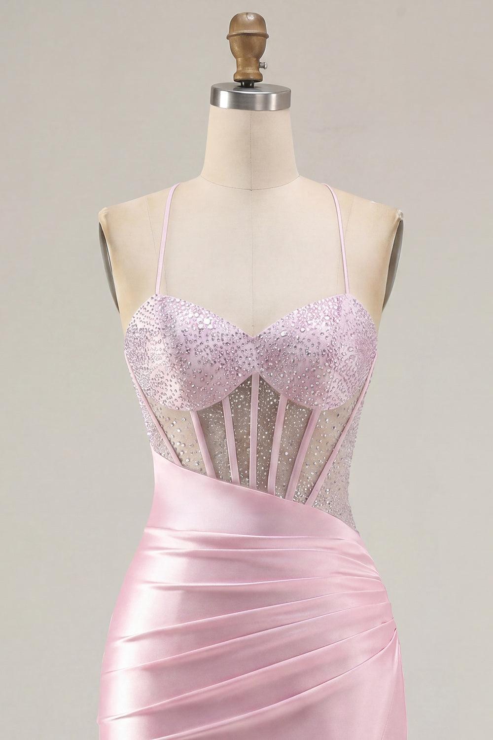 Dressystars Pink Beaded Ruched Corset Tight Short Homecoming Dress with Slit