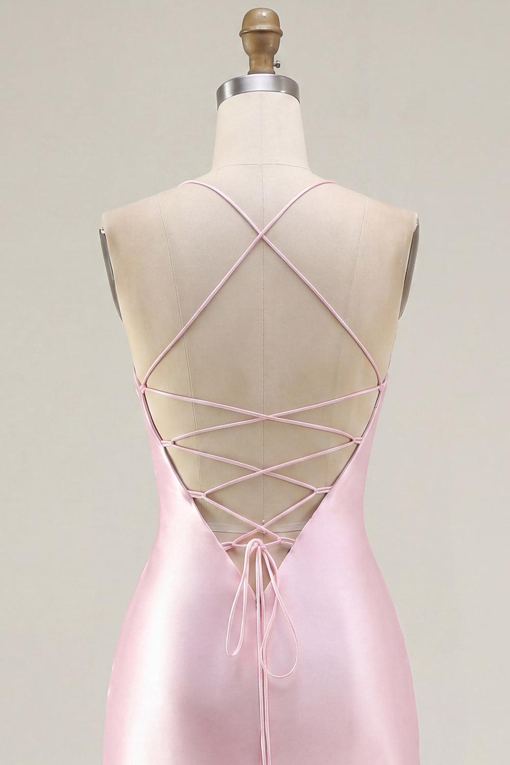 Dressystars Pink Beaded Ruched Corset Tight Short Homecoming Dress with Slit