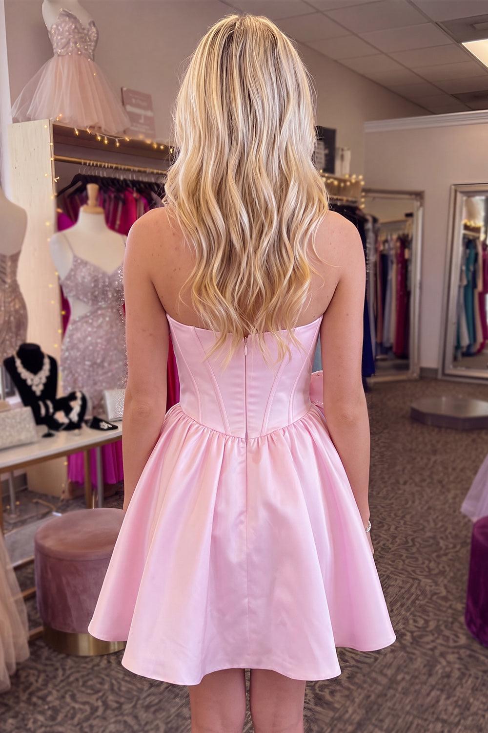Dressystars Pink Beaded Strapless A Line Short Corset Homecoming Dress with Bow