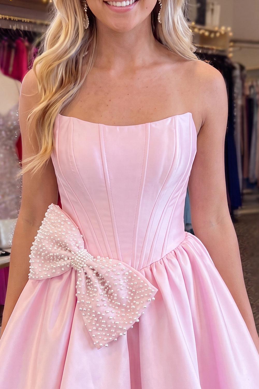 Dressystars Pink Beaded Strapless A Line Short Corset Homecoming Dress with Bow
