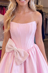 Dressystars Pink Beaded Strapless A Line Short Corset Homecoming Dress with Bow