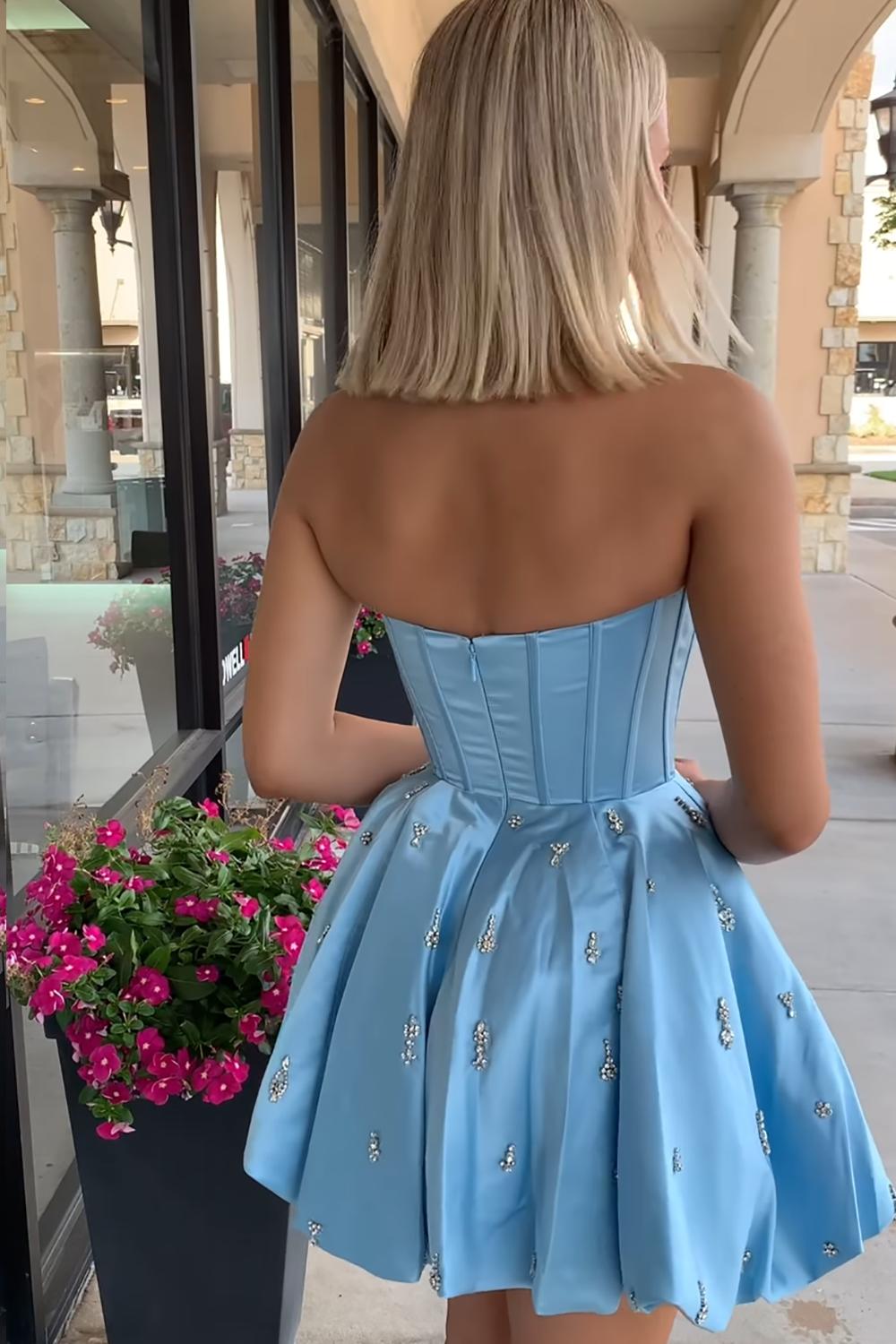 Dressystars Pink Corset Homecoming Dresses Strapless Short Cocktail Dresses With Rhinestone
