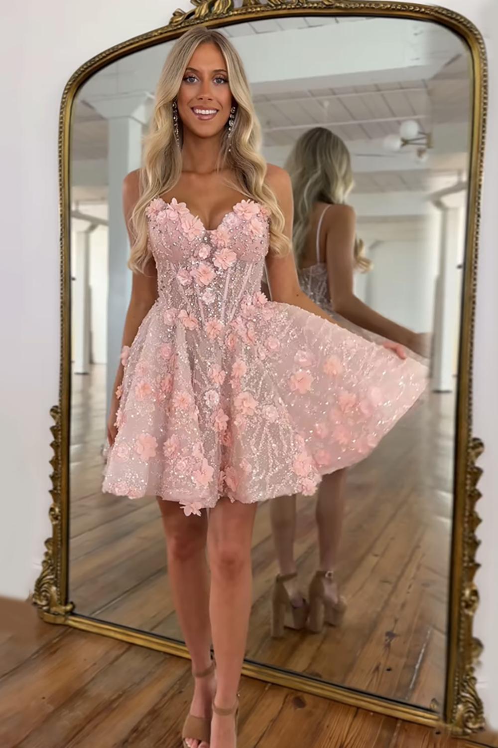 Dressystars Pink Floral A Line Homecoming Dresses Short Corset Cocktail Dresses With Rhinestones